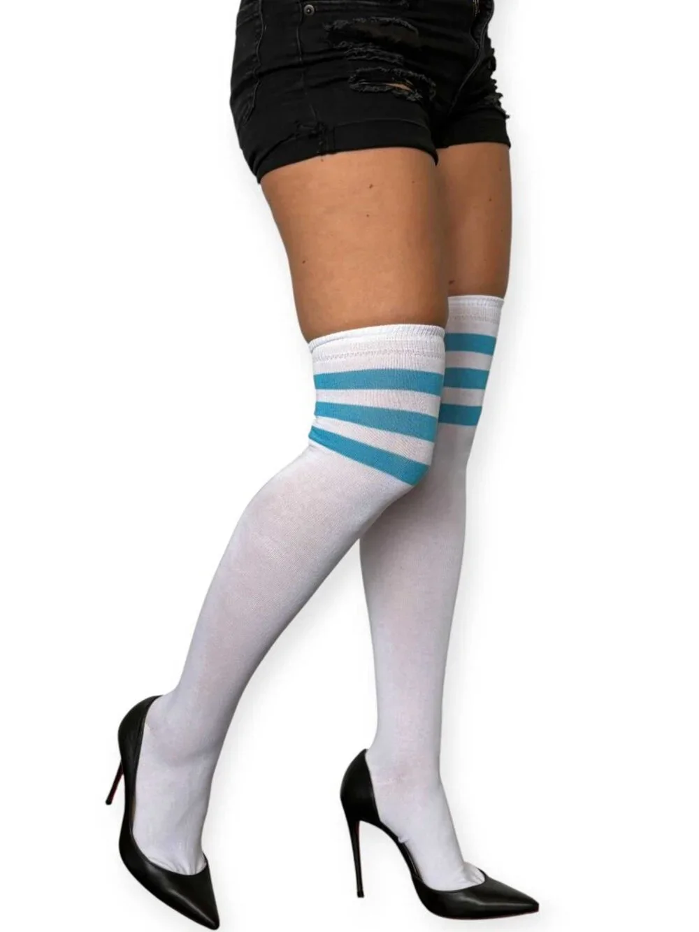 White and Turquoise Over the Knee Socks for Women